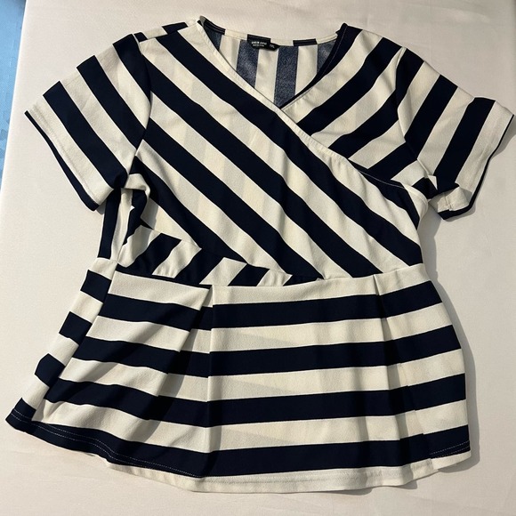 Women's Shein Curve‎ Navy White Stripe V Neck Short Sleeve Blouse Plus Size 1XL - Picture 3 of 8